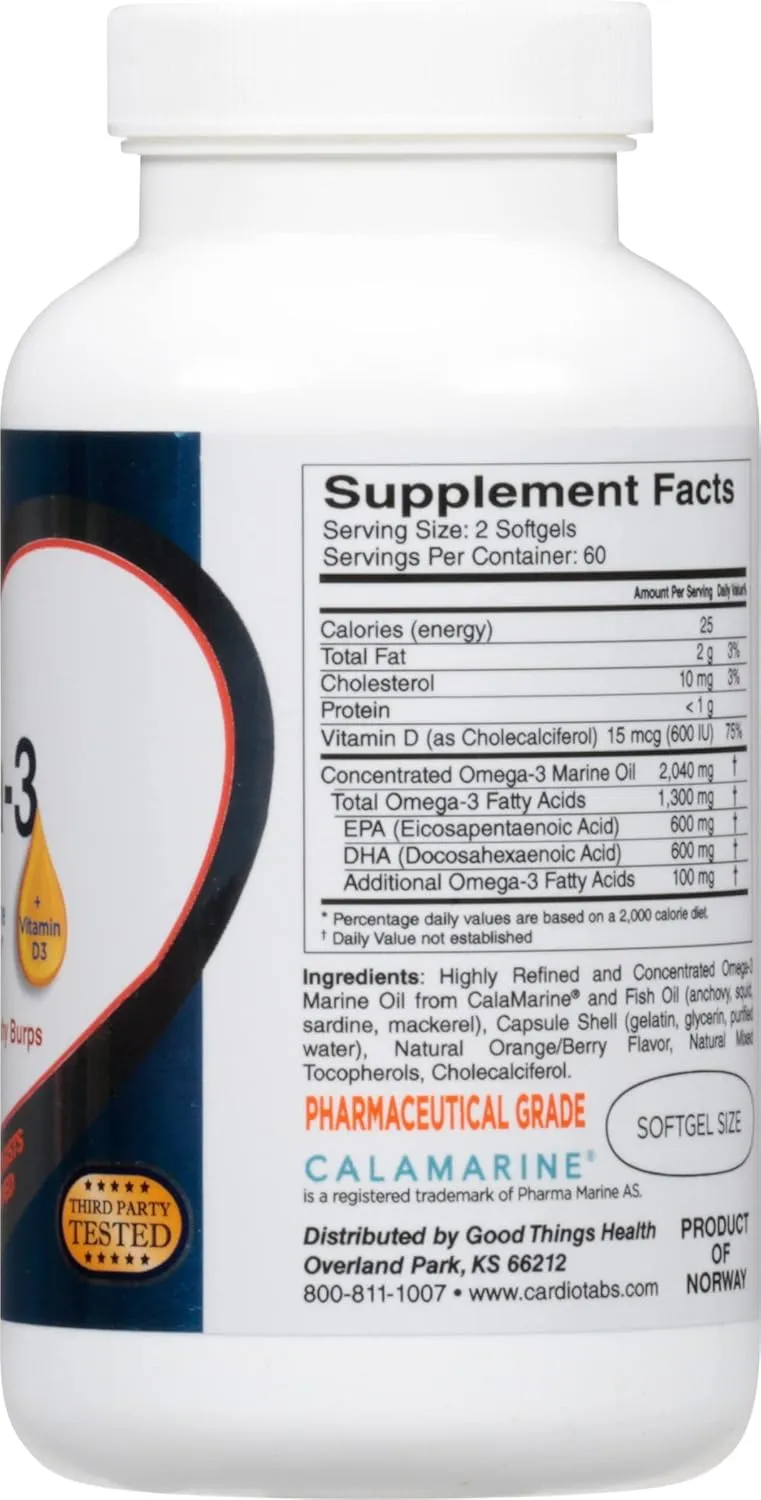 CardioTabs, Omega-3 Extra Strength   Vitamin D3, Triglyceride Form, 1300 mg Omega-3, 600 DHA / 600 EPA, with 600 IU Vitamin D3