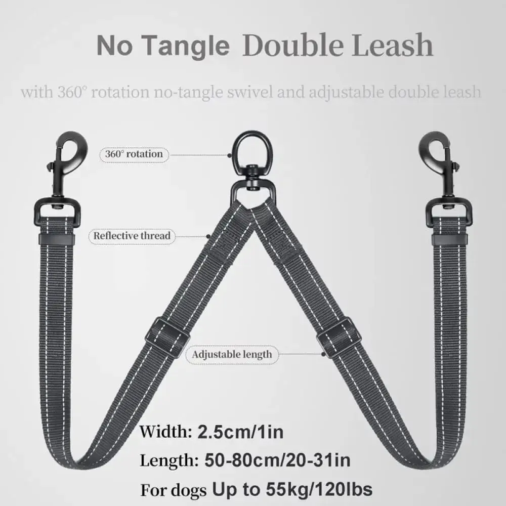 Dual Adjustable Length Lead Quality Reflective no Tangle Leash for Two Dogs