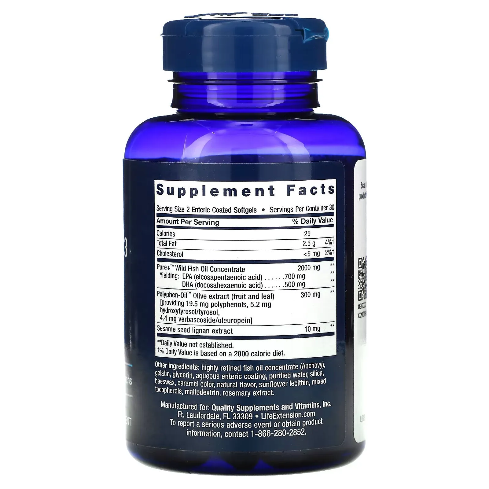 Life Extension, Super Omega-3, fish oil with EPA and DHA, sesame lignans and olive extract 60 enteric-coated capsules